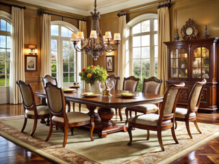 luxurious dining room featuring mahogany table, elegant chairs, and chandelier. warm ambiance is enhanced by large windows and tasteful decor, perfect for gatherings