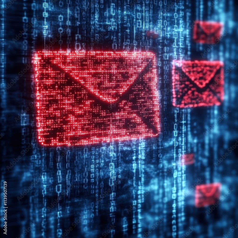 Poster futuristic digital representation of email communication with glowing envelopes against a backdrop o