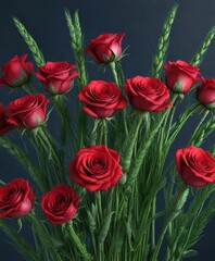 Dark blue or purple background with a large bunch of red roses and green wheat stalks in the center, floral, premium, luxury
