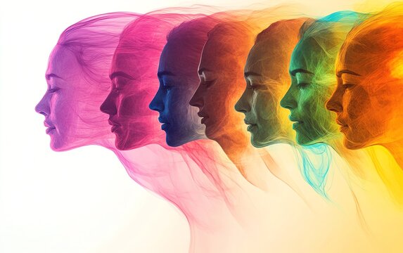 Colorful abstract silhouettes of people, representing diversity and human connection, vivid faces blending together, symbolizing community and unity