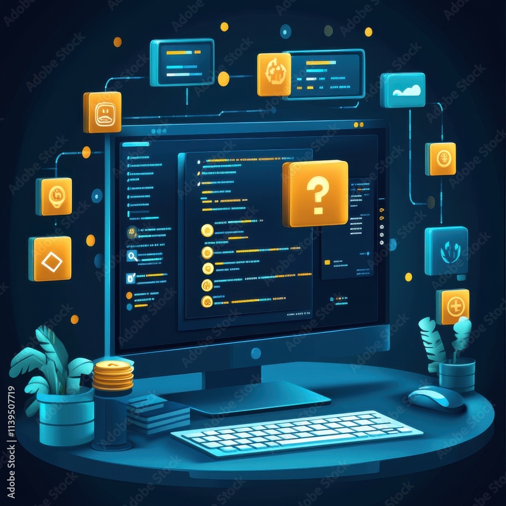 Poster a sleek setup showcasing a modern computer interface with data streams and icons, emphasizing techno