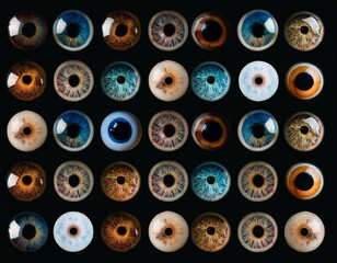 Fototapeta premium macro of many different human iris aligned on a black background