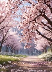 Naklejka premium Cherry blossoms falling from trees in a soft pink and white hue as they gently float down to the ground, soft pink, flowers, blossoms