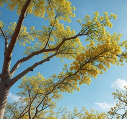 Fototapeta premium Cassia fistula tree with blooming flowers against a clear blue sky on a warm day , vibrant colors, cassia fistula, flowering tree