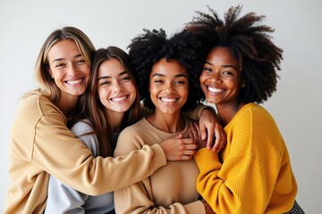 Obraz premium Celebrate Friendship and Diversity with These Joyful Multiracial Women Smiling Together in a Group Hug