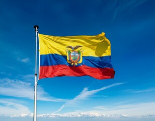 Ecuador flag waving in the wind against a blue sky background 