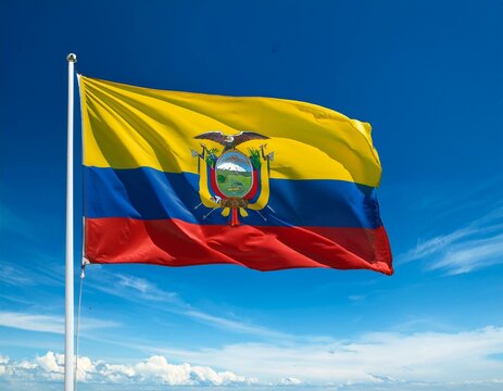 Ecuador flag waving in the wind against a blue sky background 