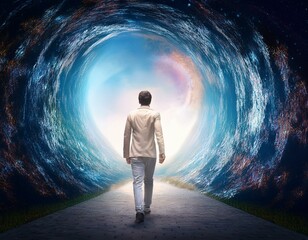 a man walking into another portal