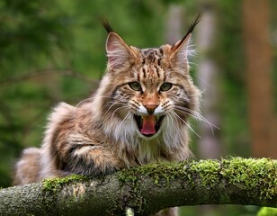 Obraz premium A wild cat sitting on a branch with an open mouth