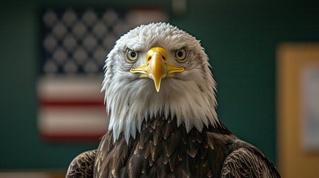 A bald eagle is staring at the camera with its beak open