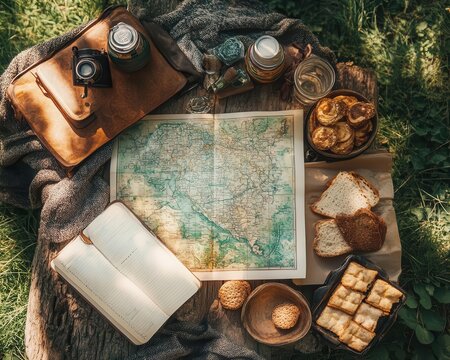 A serene roadside picnic with a glowing itinerary map spread out, sunlight casting soft shadows on snacks and a journal