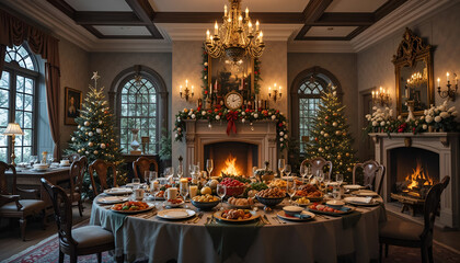 A charming festive manor with a glowing hearth, twinkling decorations, and a grand feast set on a lavish table, capturing the essence of holiday warmth and cheer.