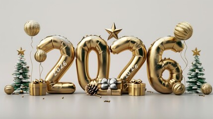 Festive 3D New Year 2026 Celebration with Golden Balloons, Christmas Trees, Gifts, and Pinecones. Generative AI