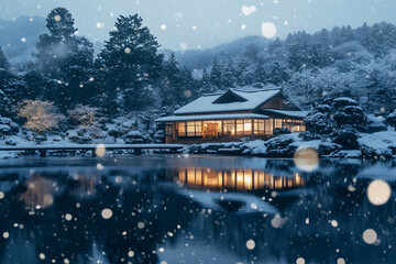 Fototapeta premium Snowy Night House Illustration