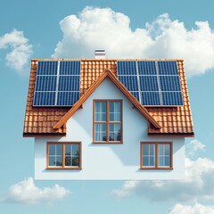 Fototapeta premium A modern house with solar panels on the roof, set against a clear blue sky filled with fluffy clouds.