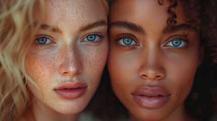 Close-up portrait of two women with different skin tones and blue eyes.