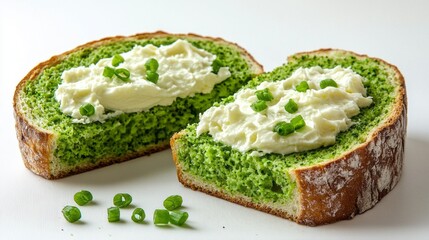 A slice of bread with a green spread on it