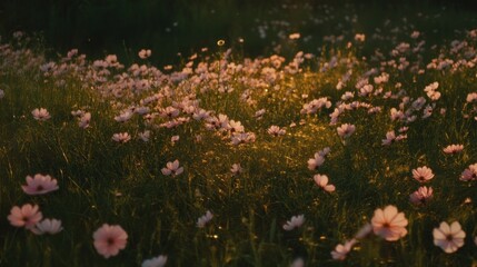 Obraz premium A serene field filled with blooming flowers, illuminated by soft sunlight.