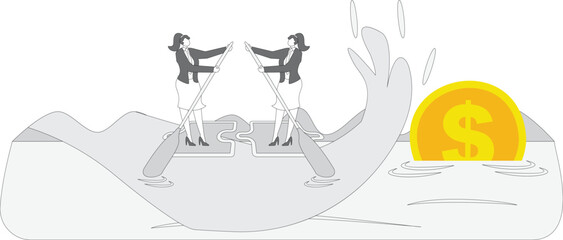 The concept of finding a solution or completing the final puzzle, attracting business or finding partners, two businesswomen standing on the puzzle and paddling to find the missing pieces of the puzzl