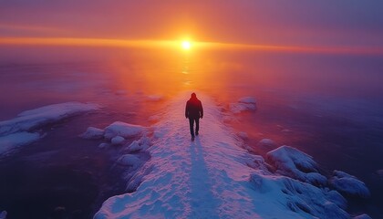 Obraz premium Walking on a snowy shoreline, a lone figure enjoys the vibrant sunset over the ocean