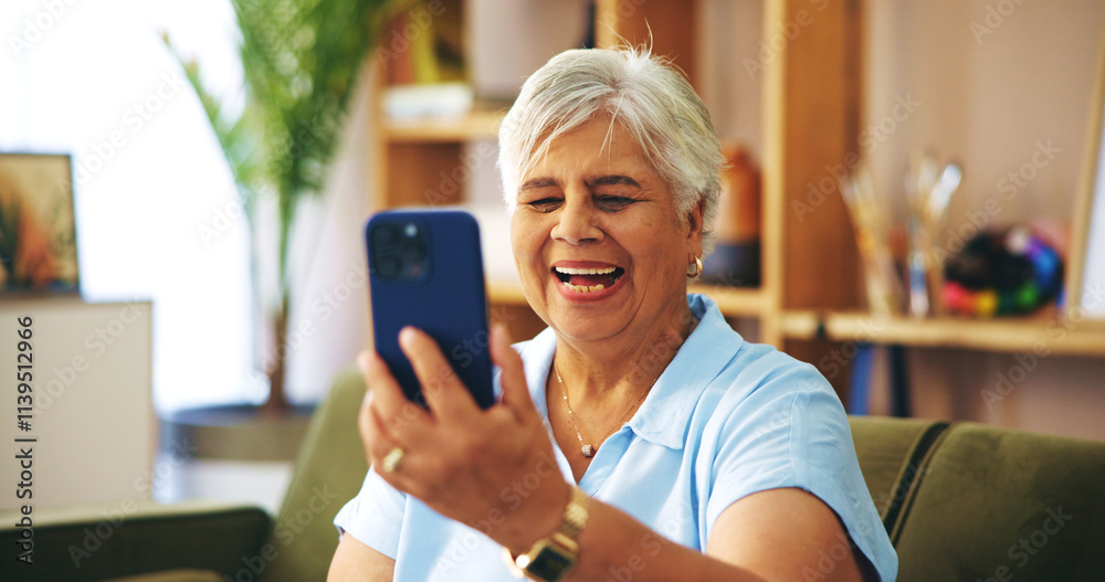 Poster senior woman, happy and video call on sofa in home for chat, contact or talk with connection on web.