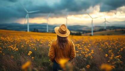 Fototapeta premium A woman gazes at wind turbines while standing amidst vibrant sunflowers during sunset