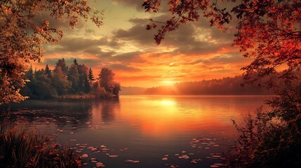 Obraz premium Autumnal Sunset Over a Still Lake with Red Leaves and Silhouetted Trees