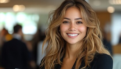 Fototapeta premium A young woman with long wavy hair smiles warmly while interacting with a group indoors