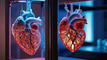 Fototapeta premium Two 3D-printed anatomical hearts displayed in glass cases under vibrant blue and pink lighting.
