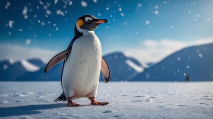 Fototapeta premium Penguin standing on snowy ground with mountain background in cold winter landscape 