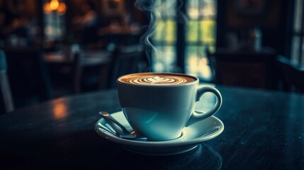 Warm cup of coffee with intricate latte art in cozy café environment  