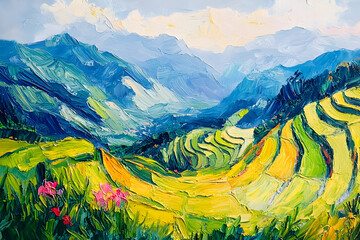 Vibrant Rice Terraces Oil Painting