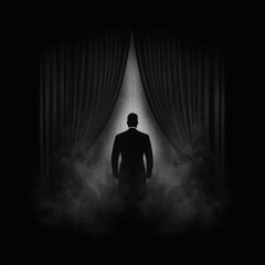 Mysterious Man Silhouette Behind Stage Curtains