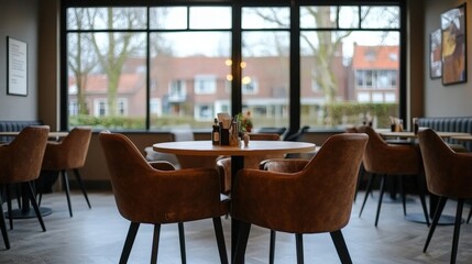 Fototapeta premium Modern coffe interior with brown leather chairs and large windows