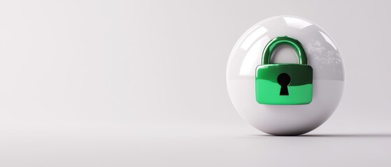 A glossy white sphere featuring a green padlock design, symbolizing security and protection in a minimalist setting.