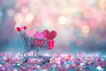 shopping cart with flowers and hearts- valentines day