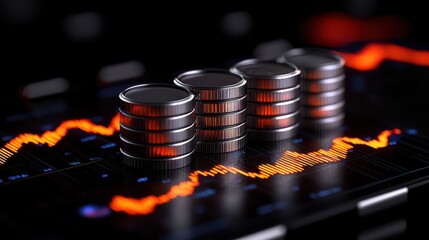 A close-up of stacked coins on a digital trading chart, symbolizing financial growth and investment trends.