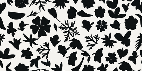 Fototapeta premium Hand drawn abstract black flowers. seamless pattern. Creative minimalist Abstract art background.