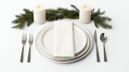 A festive tableware set, elegant plates, candles, napkin rings, holiday theme, isolated on white background