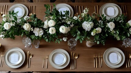 Elegant table setting with white floral centerpiece and gold cutlery