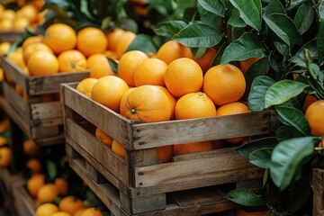 A crate of oranges is on a table