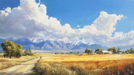 A serene landscape featuring rolling fields, mountains, and a clear blue sky.