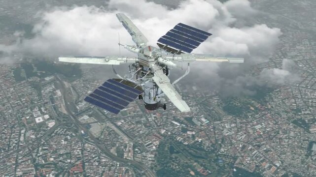 Satellite orbiting a city, showcasing Earth's urban landscape.