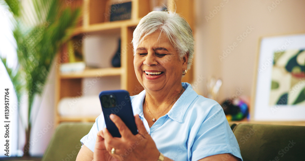 Poster Senior woman, laugh and texting on sofa in home with chat, contact or scroll with connection on web. Elderly person, smartphone and happy on couch, funny memory or mobile app on social media in house