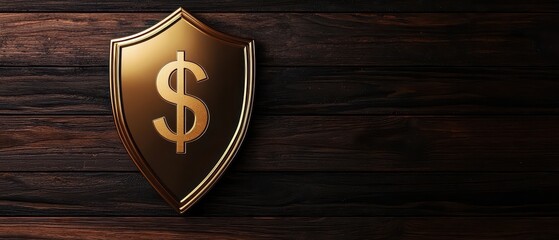 A golden shield with a dollar symbol sits against a dark wooden background, symbolizing financial security and protection.