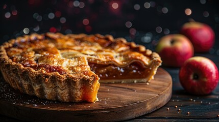 Delicious homemade apple pie on wooden board, slice removed, apples nearby.
