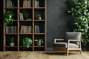 Modern Living Room Interior with Bookshelf and Plants