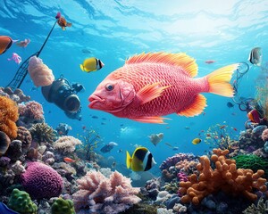 Obraz premium A vibrant underwater scene featuring a colorful pink fish surrounded by coral and various smaller fish.