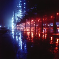 Neon Night Industrial Cityscape with Palm Trees Reflecting in Wet Streets