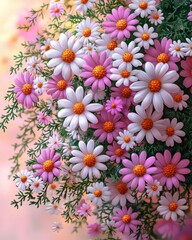 Obraz premium A vibrant bouquet of pink and white daisies with bright orange centers, exuding a cheerful and fresh vibe.